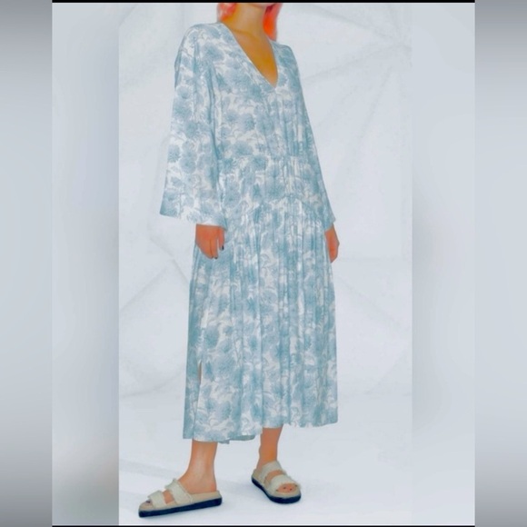 Vince Dhalia Long Sleeve V Neck Dress Sky Blue And White...